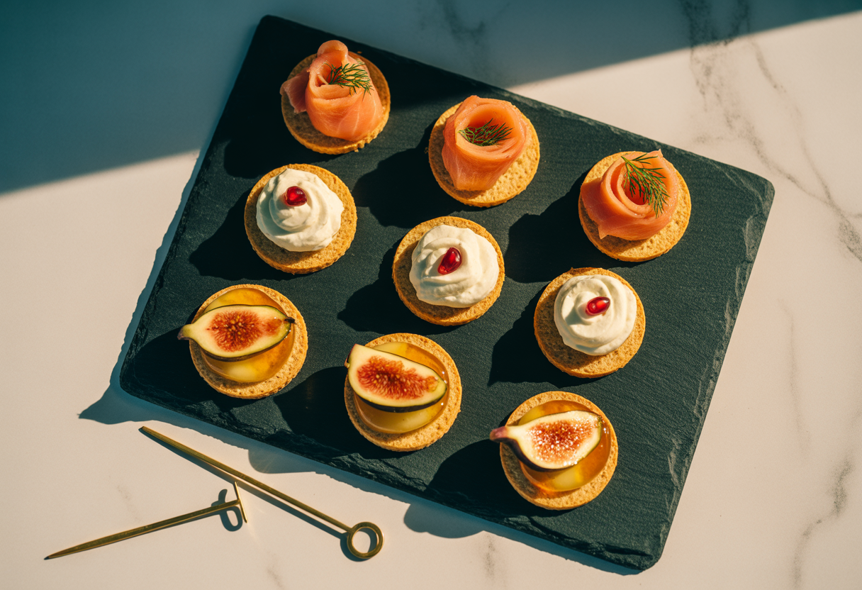 Özenle dizilmiş dokuz adet el yapımı kanape tabağı