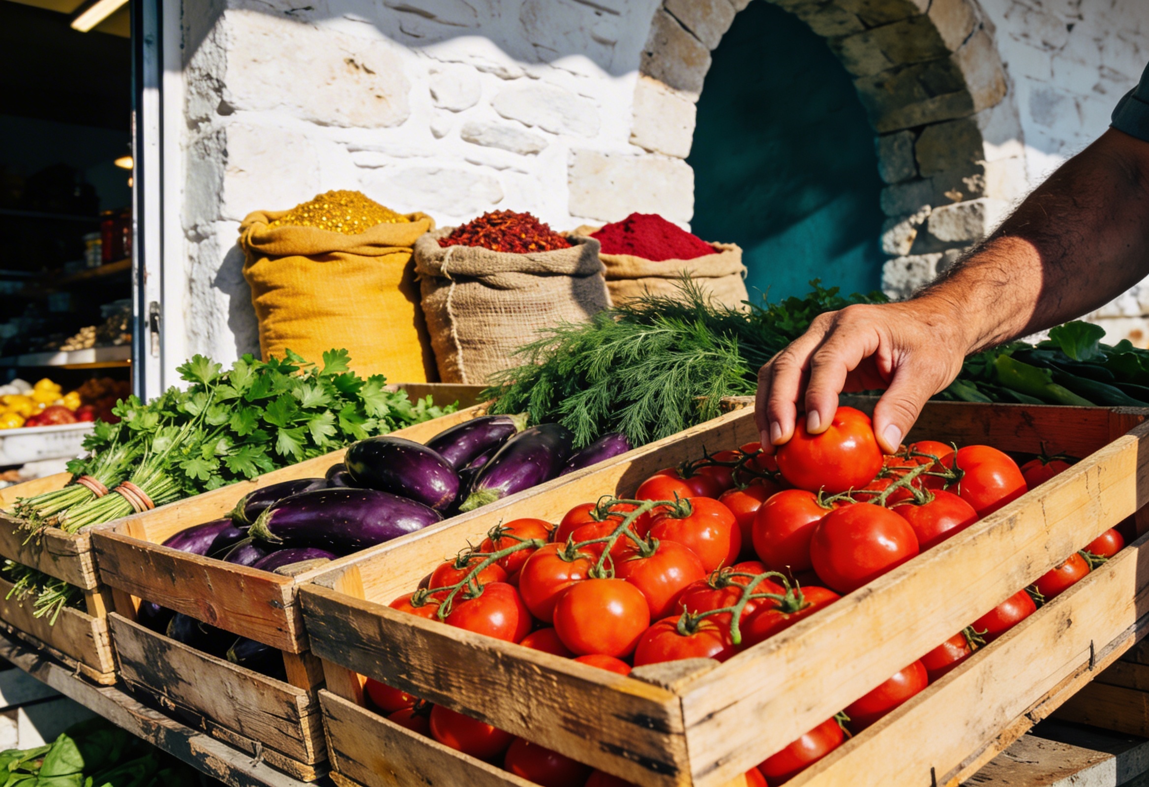 Ege pazar tezgahında taze sebze ve baharat seçimi