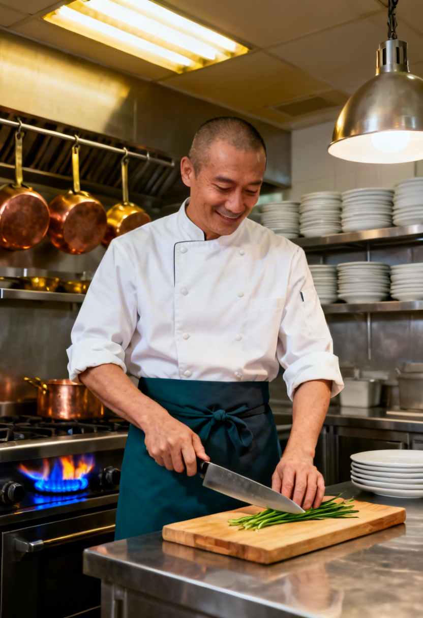 Profesyonel mutfakta malzeme hazırlayan şef portresi